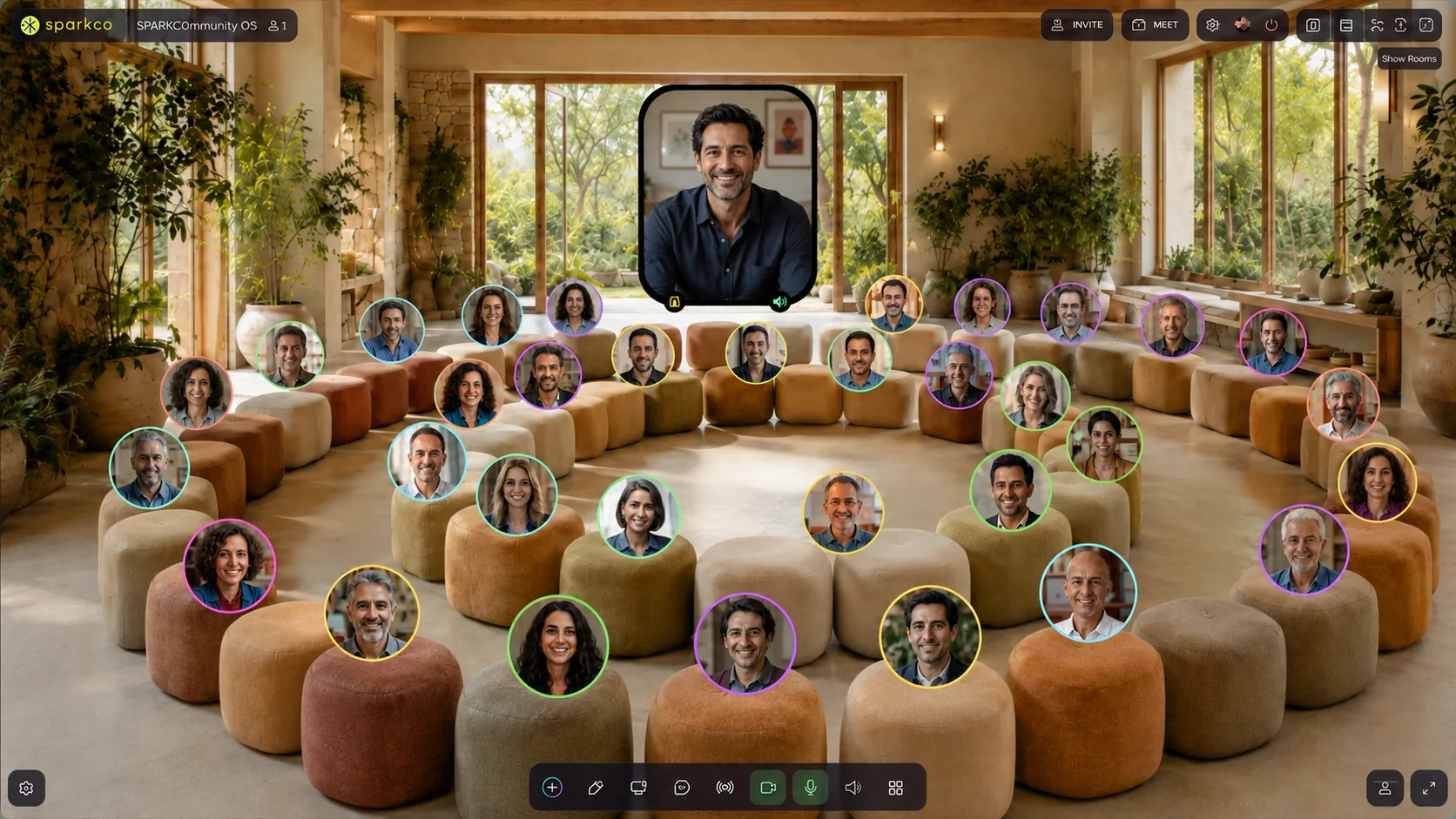 Sparkco gathering with a speaker in a docking box and many participants around